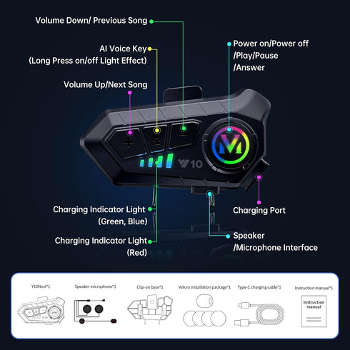 Motorcycle Bluetooth Headset Speaker, Skiing Earphone, Waterproof Bluetooth Helmet Headset with Noise Cancellation,