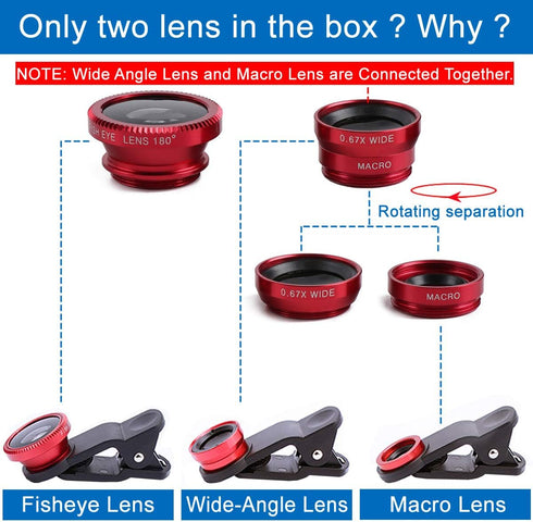 KINGMAS 3 in 1 Universal Fish Eye & Macro Clip Camera Lens Kit for iPad, iPhone 7 6 5, Samsung, BlackBerry, HTC and