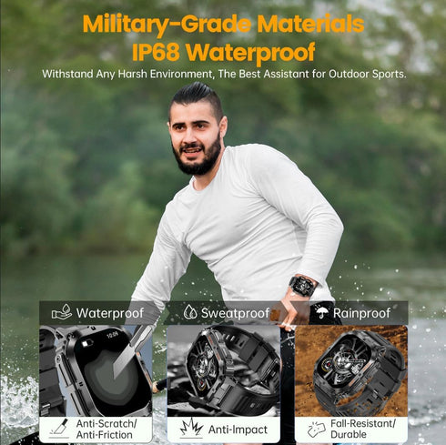 Military Smartwatch for Men, 1.96" AMOLED Screen, Bluetooth Calls, IP68 Waterproof, Black & Orange Bands