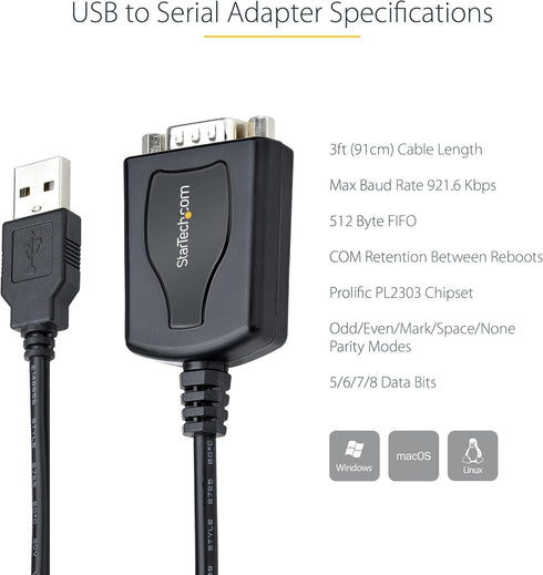 StarTech.com 3ft USB to Serial Cable with COM Port Retention, DB9 Male RS232 to USB Adapter