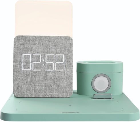 6 in 1 Fast Charging Station, 10W Wireless Charger with Alarm Clock, Compatible with Samsung, iPhone 15/14/13/12 (Green)