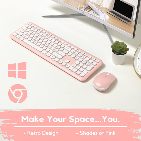 X9 Pink Keyboard and Mouse Combo - 2.4G Wireless Cute Colorful Wireless Set (110 Keys and 18 Shortcuts) for PC and