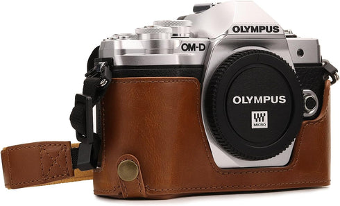 MegaGear MG1352 Olympus OM-D E-M10 Mark III Leather Camera Half Case and Strap, Light Brown
