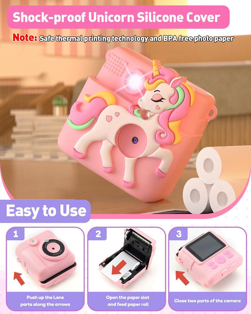 Kids Camera Instant Print - 1080P Digital Camera Toy with 32GB SD Card, Silicone Cover, Pink, Creative Gifts for Girls
