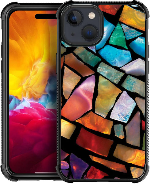 ZHEGAILIAN Stained Glass Mosaic Case for iPhone 15, Tempered Glass Back + Soft Silicone TPU Shock Protective