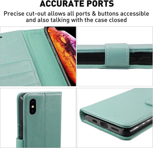 MONASAY Flip Folio Wallet Case for iPhone X/Xs, 5.8", Mint - Leather, RFID Blocking, Credit Card Holder & Glass Screen