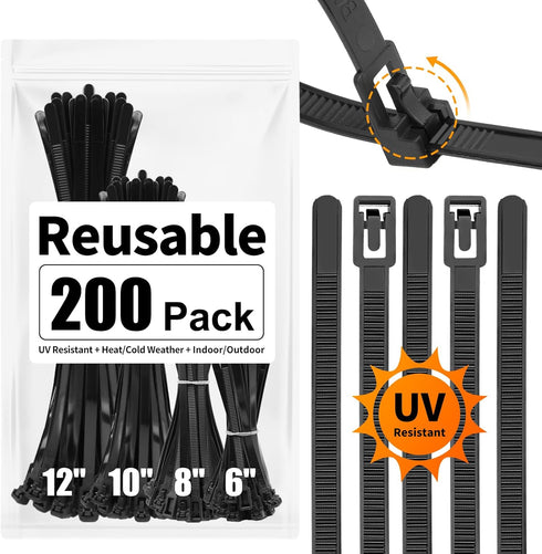 SOOOEC 200 Pack Reusable Zip Ties Assorted Sizes 6+8+10+12 inch UV Resistant,