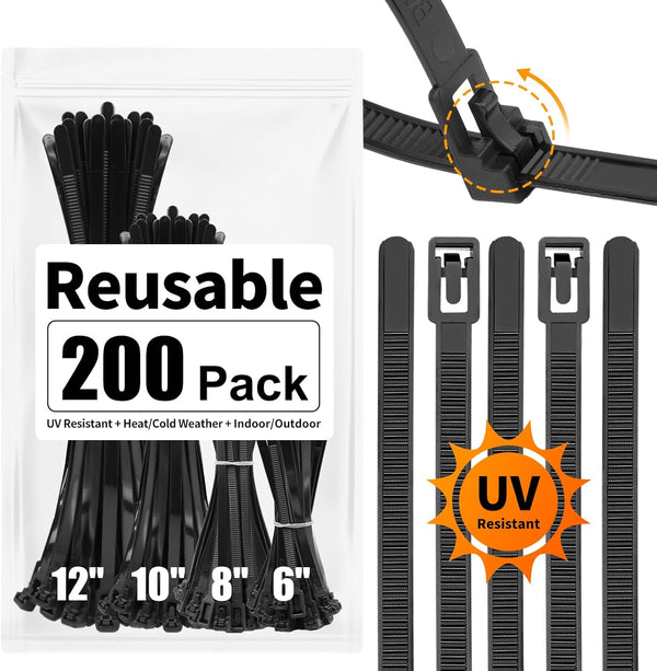 SOOOEC 200 Pack Reusable Zip Ties Assorted Sizes 6+8+10+12 inch UV Resistant,