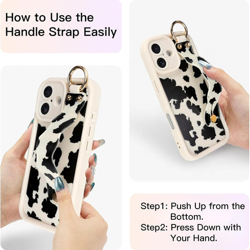 Jefonha 16 Compatible with iPhone Case with Finger Hand Strap for Girls Women, Cute Funny Milk Cow Phone Case