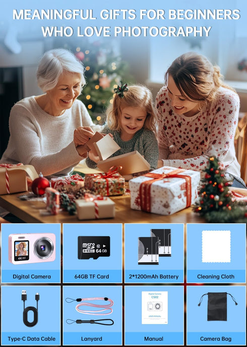 WABL 4K 64MP 18X 64GB 2 Pink Digital Camera, UHD Dual Screens Camera, Zoom, Portable Small Point and Shoot Digital