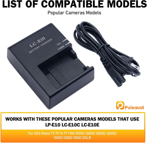 LP-E10 Cameras Charger for Canon EOS Rebel T7 T6 T5 T3 T100, LC-E10 LC-E10C LC-E10E Batteries Power Supply