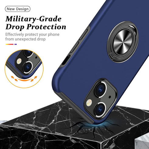 PELEPUES Shockproof Case for iPhone 13, Military Grade Cover with Embedded Finger Ring and Reinforced Metal Stand (Blue)