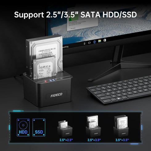 FIDECO 2.5 3.5 inch 3.0 External Hard Drive Docking Station, Hard Drive Dock for and SATA HDD SSD, HDD Docking Station