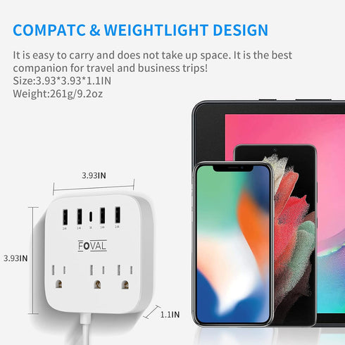 European Travel Plug Adapter, FOVAL EU UK US Power Strip with USB C, 4 USB Ports, 3 AC Outlets