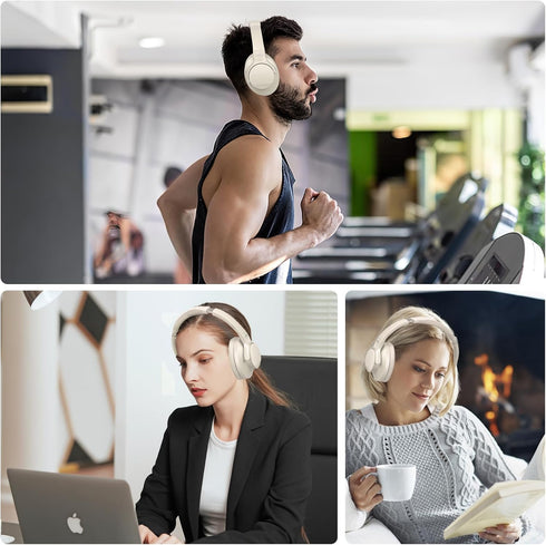 ZIHNIC Active Noise Cancelling Headphones, 60H Playtime Wireless Bluetooth Headset, Low Latency, Milky White