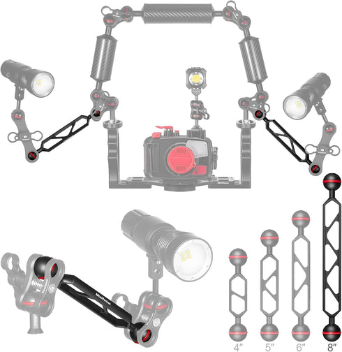 MINIFOCUS 8" Double Ball Aluminum Extension Arm, 1" Ball Head Connector Underwater CNC Arm System for Strobe/Video