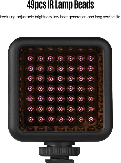 Mini IR Night Vision Light for Video Camera, Built-in Rechargeable Battery with 3 Cold Shoe Mounts