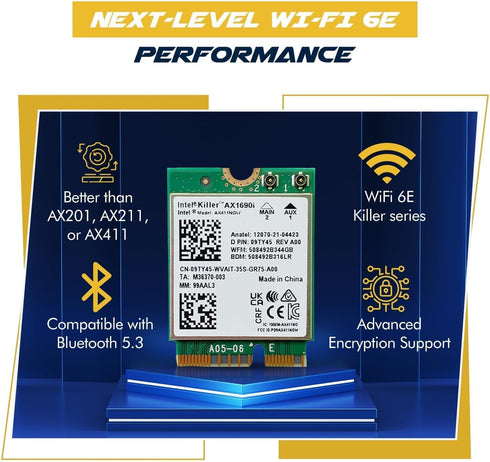 Intel AX1690i Killer Series WiFi 6E Gaming Adapter Upgrade, CNVio2 M.2 WiFi Card, High-Speed 3.0 Gbps WiFi for PC,