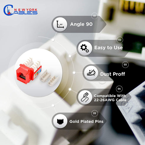 NewYork Cables Cat 6 Keystone Jack, 90 Degree Punchdown Ethernet Wall Jack for Patch Panels