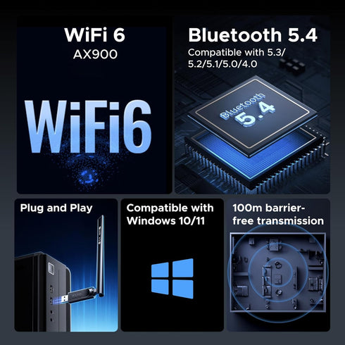 UGREEN 2-in-1 AX900 5.4 6 5GHz/2.4GHz 6dBi 10/11 USB Bluetooth WiFi Adapter, + Bluetooth WiFi Adapter for Desktop PC