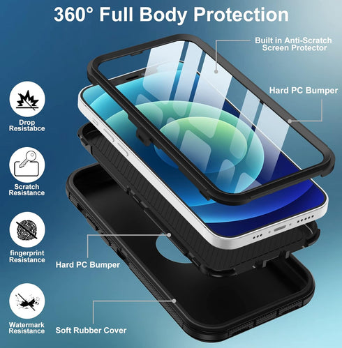 iPhone 12 Case, iPhone 12 Pro Case with Built-in Screen Protector, Heavy Duty Drop Protection Shockproof Dust Proof
