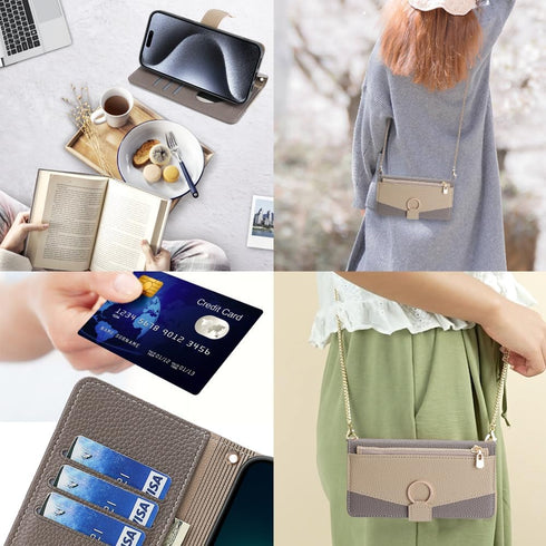 Asuwish iPhone 15 Pro Wallet Case 6.1" - Gray, with Screen Protector, Mirror Flip, Card Holder, Crossbody Strap, Stand.