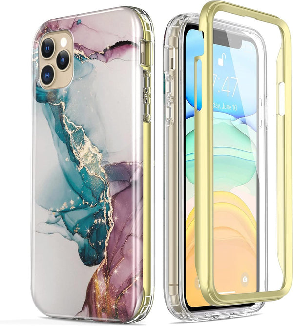 Esdot Compatible with iPhone 12 Pro Max Case, Built-in Screen Protector, Turquoise Pink Marble Design, 6.7"