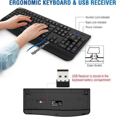 EDJO Wireless Keyboard and Mouse Combo, Full-Sized Ergonomic Computer Keyboard with Wrist Rest and 3 Level DPI