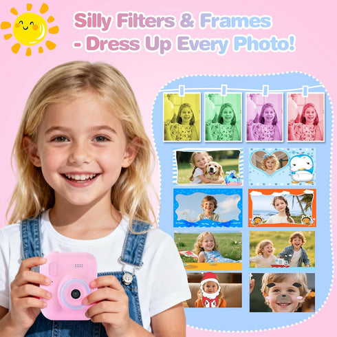 QMWLABS 1080P 32GB MP3 3-12 Kids Camera Instant Print Digital Camera with Thermal Paper, HD Video, Selfie Lens, SD