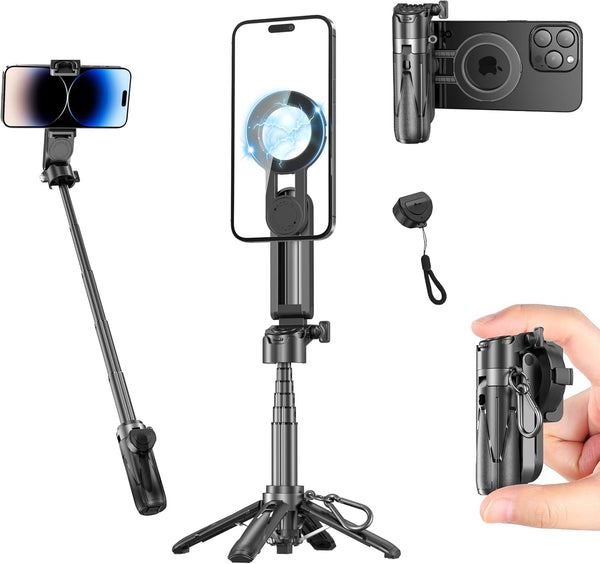 Fourpillars MagSafe Phone Tripod, Portable Pocket Size Selfie Stick, 3-in-1 Magnetic Phone Stand