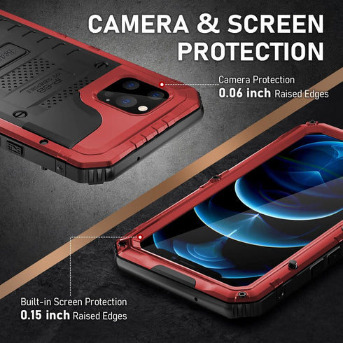 Beasyjoy Waterproof Case for iPhone 12 Pro Max, Metal Heavy Duty Defender with Built-in Screen Protector, 6.7 Inch (Red)