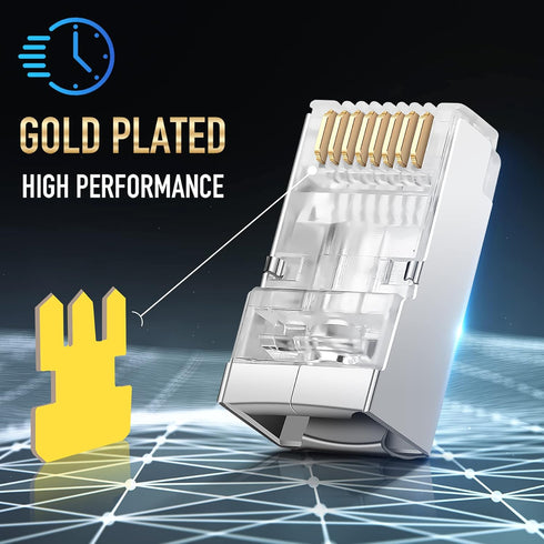Shielded RJ45 Cat6 Cat 6A Connectors - Gold Plated Pass Through Connector 3 Prong 8P8C Modular Plugs for Ethernet Cable