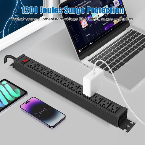 HHSOET 12 Outlet Rotating Power Strip - Wall Mount Surge Protector, 15ft Cord, Black