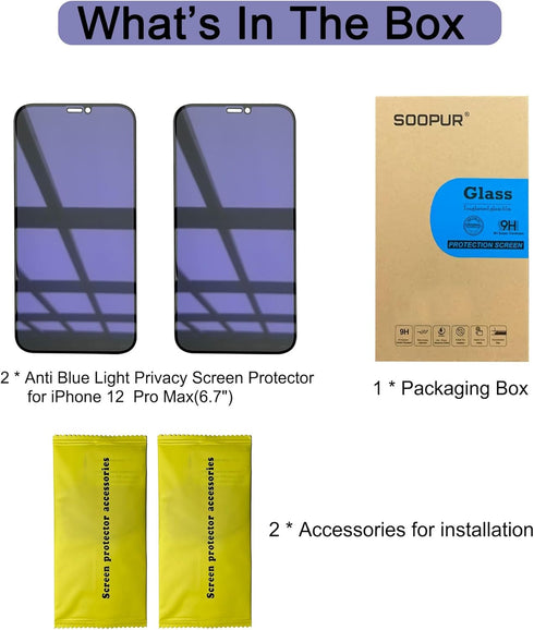 2-Pack Anti Blue Light Privacy Screen Protector for iPhone 12 Pro Max 6.7", 9H Super Hardness Scratch Resistant,