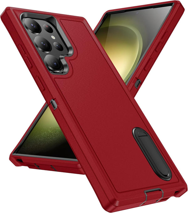 3-Layer Military Grade Protective Case with Kickstand for Samsung Galaxy S24 Ultra Phone Case (Red+Black)