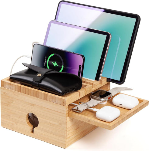 PERFECYEE Bamboo Charging Station for Multiple Devices, Nightstand Docking Station with Small Tray,