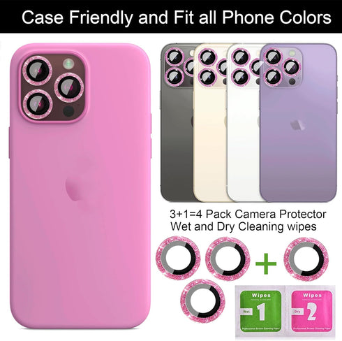 iPhone 14 Pro & Pro Max Camera Lens Protector - 3+1 Glitter Bling, Tempered Glass, Metal Ring, Case Friendly (Pink)