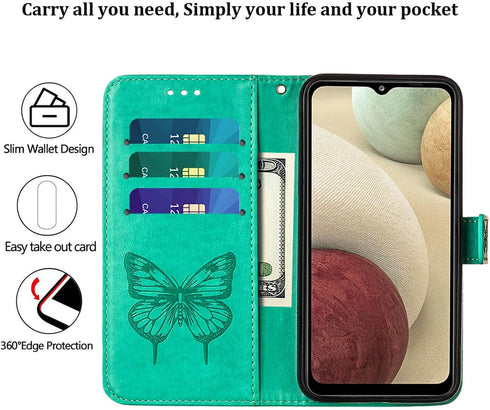 Flip Cover Phone Case Wallet for Samsung Galaxy A12, Butterfly Floral Embossed, Wrist Strap, Card Holder, Green