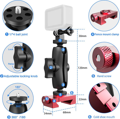 Upgraded Aluminum Fence Mount for iPhone, Compatible with GoPro 12 11 10 9, Action Cameras for Sports Recording