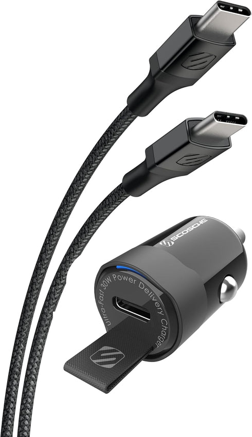 Scosche PowerVolt PD30 Mini USB-C 30W Car Charger with 4 FT Long Fast Charging Cable, Black