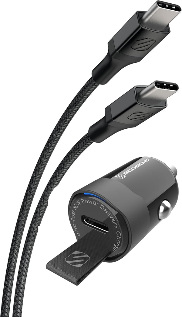 Scosche PowerVolt PD30 Mini USB-C 30W Car Charger with 4 FT Long Fast Charging Cable, Black