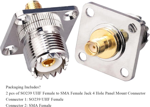 SMA Female to UHF Female Jack Panel Chassis Mount RF Coax Adapter, 2 Pack for Jumper Cable