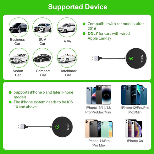 Wireless CarPlay Adapter for iPhone, Fast & Stable Wired to Wireless CarPlay Dongle, Fits Apple iOS 10+ and 2015 Cars
