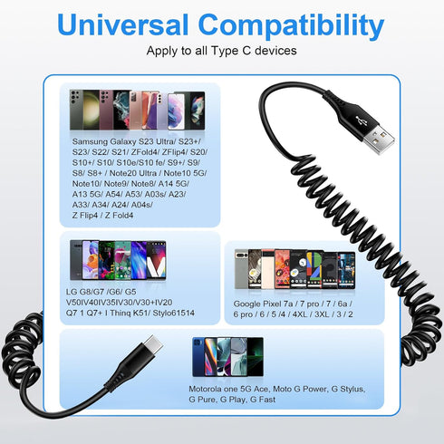 Coiled 3FT USB to USB C Car Charger Cord for iPhone 15/15 Pro/15 Pro Max/15 Plus, Fast Charging for Samsung Galaxy