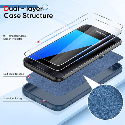 LeYi Samsung S7 Case with 2 Pack Tempered Glass Screen Protector, Liquid Silicone Slim Rubber Cover, Blue