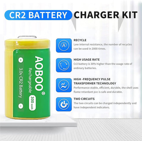 AOBOO CR2 3V 4pcs Set CR-2W/4P CR15H270 Rechargeable Battery + Charger Compatible with Golf Rangefinder Camera