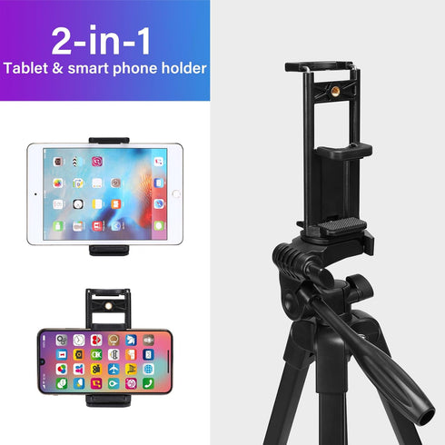 MOSISO 58 inch Lightweight Camera Phone Tripod Stand with Tablet Phone Mount for Vlogging and Shooting
