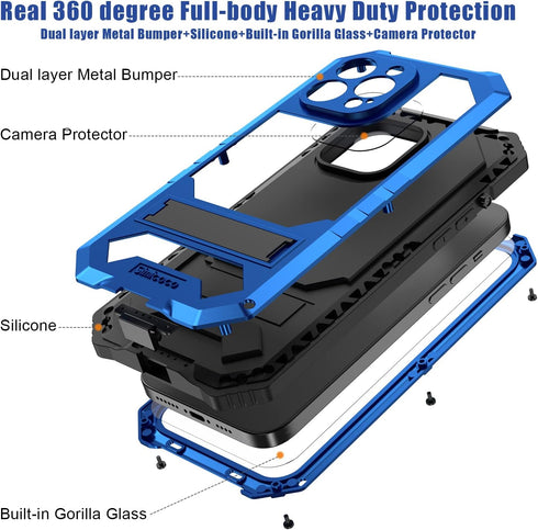 JGY iPhone 14 Pro Max IP68 Waterproof Case, Military Metal Stand Case with Screen Protector, Slim Full Cover, Blue