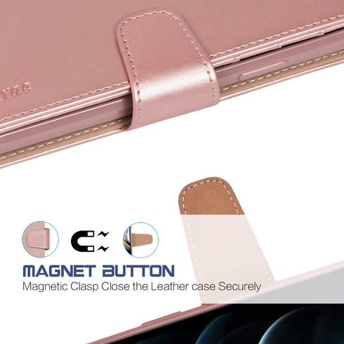 Arae Case for iPhone 12 Pro Max, Wallet Case Flip Cover with Card Holder, 6.7 inch (Rose Gold)