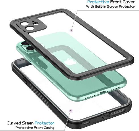 Compatible with iPhone 11 Black/Clear Waterproof Case, Full-Body Rugged Bumper with Built-in Screen Protector
